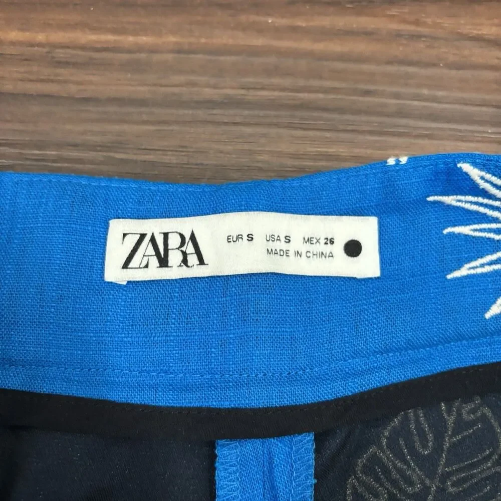 Zara Sz Small Blue Wide Leg Palm Leaf Embroidered Culottes Pants Trousers